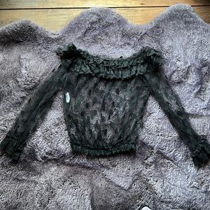 Moschino off the shoulder black lace ruffle top
